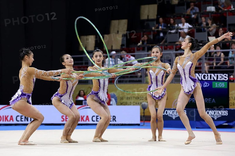 Sofia, Bulgaria - 15 September, 2018: Team Democratic People's Republic of Korea performs during The 2018 Rhythmic Gymnastics World Championships. Group tournament