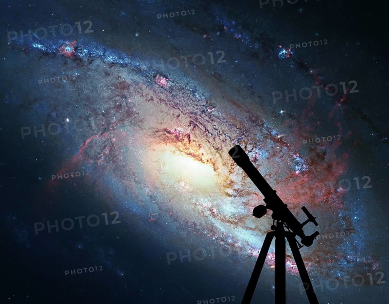 Space background with silhouette of telescope. Spiral Galaxy M106, in the constellation Canes Venatici. Elements of this image are furnished by NASA