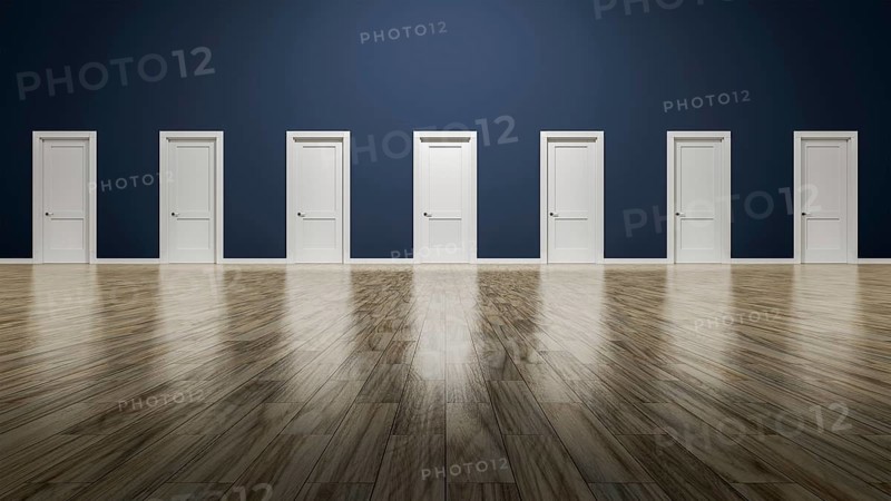 3d rendering of a room with seven doors to choose