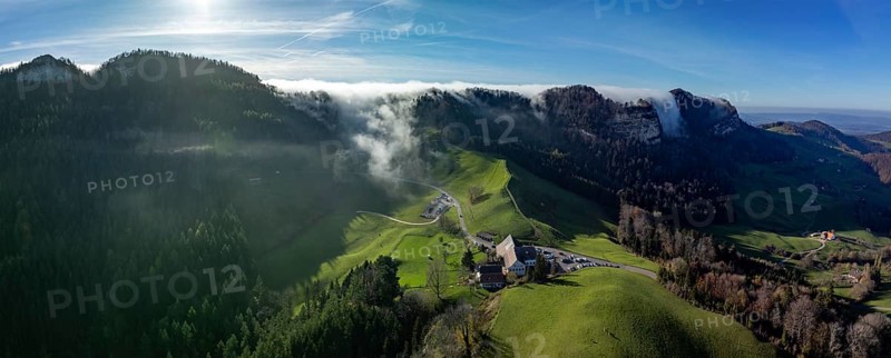 Fog river at the Chilchzimmersattel, right edge at the Geissflueh, drone image, Basel-Landschaft, Switzerland