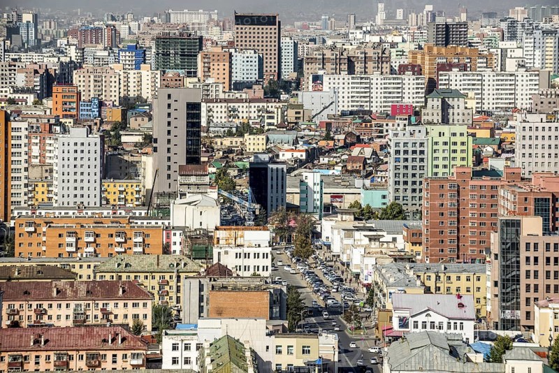 City centre of Ulaanbaatar, the capital of Mongolia from the air, with houses and skyscrapers in a condensed telephoto, Ulaanbaatar, Mongolia