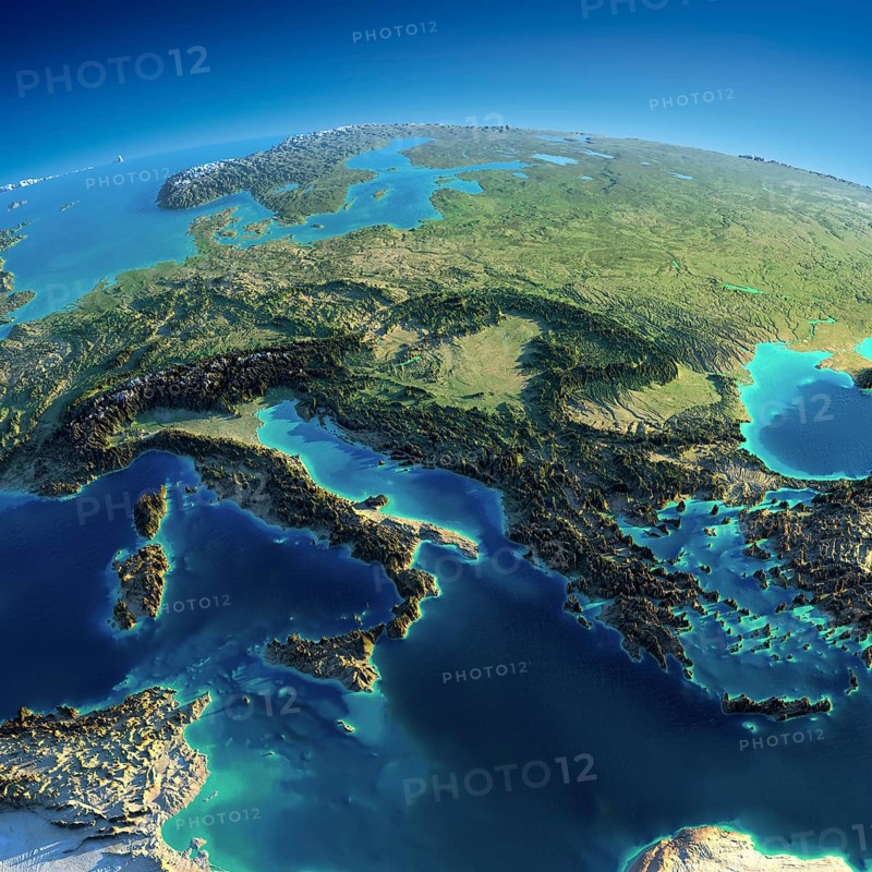 Highly detailed planet Earth in the morning. Exaggerated precise relief lit morning sun. Part of Europe, Italy, Greece and the Mediterranean Sea. Elements of this image furnished by NASA