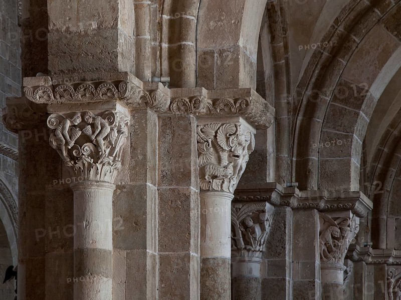 Vezelay, Basilica of Ste-Marie-Madeleine. Interior. South aisle figure capitals, St., Saint, Saint