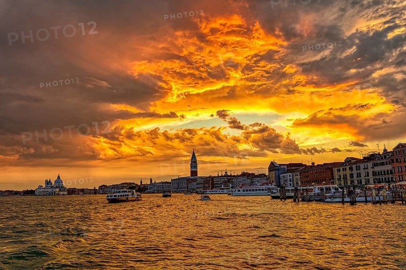 View of evening Venice from the ship at the golden hour