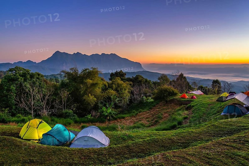 Tropical forest nature landscape view with mountain range sunrise at Doi Chiang Dao, Chiang Mai Thailand