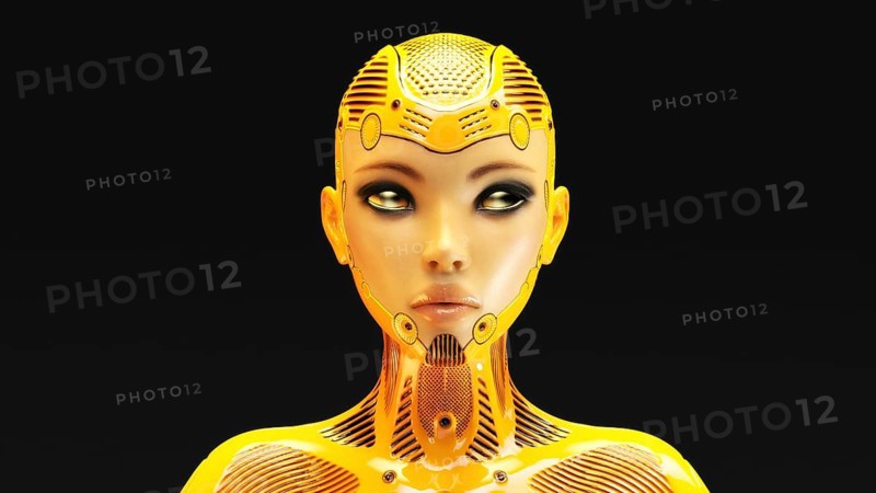 Artistic 3D illustration of a female cyborg