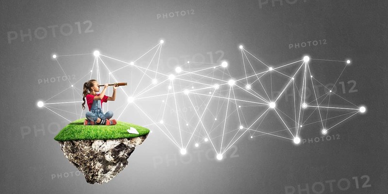 Cute smiling girl on floating island presenting social connection concept