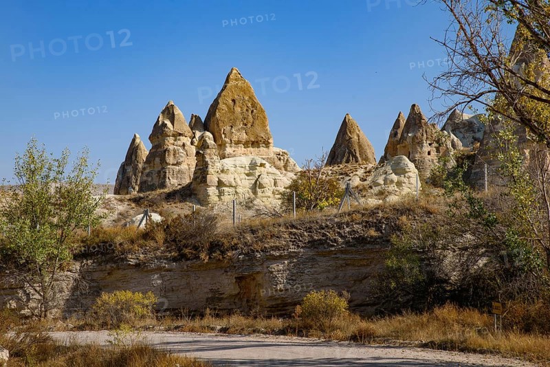 Rock formations of mountain ridges, valleys and pinnacles at Göreme National Park, Cappadocia, Turkey
