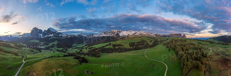 Panoramic view from the Seiser Alm to the Dolomites in Italy, drone shot