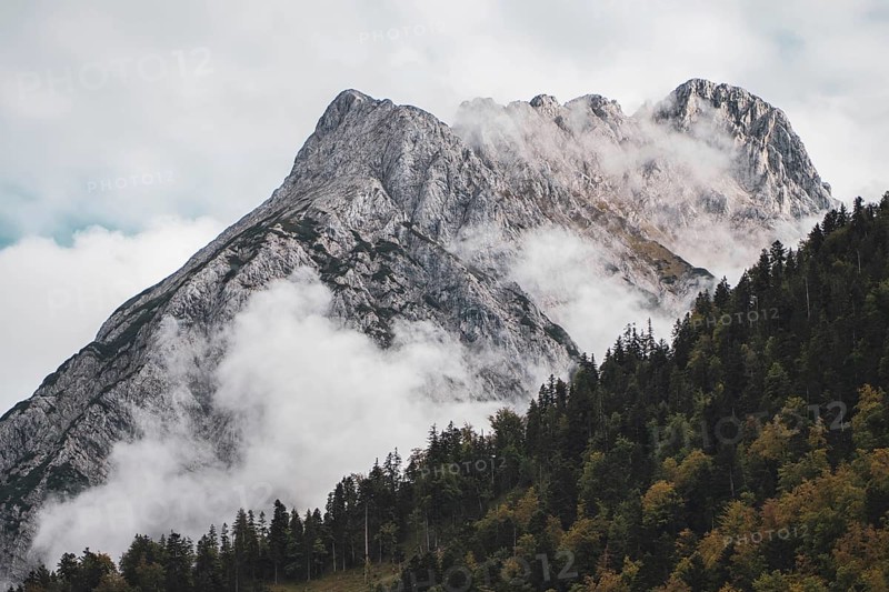 Eng, Tyrol, Austria, Rocky mountains, surrounded by fog and clouds, forest on the slopes