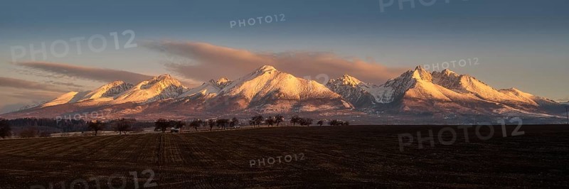 Panorama of the foothills of the High Tatras at sunrise, Slavskovsky and Lomnicky peaks