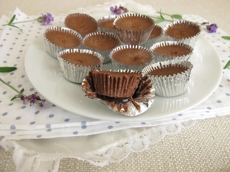 Homemade ice cream confectionery with cocoa, icing sugar and coconut oil in aluminium moulds