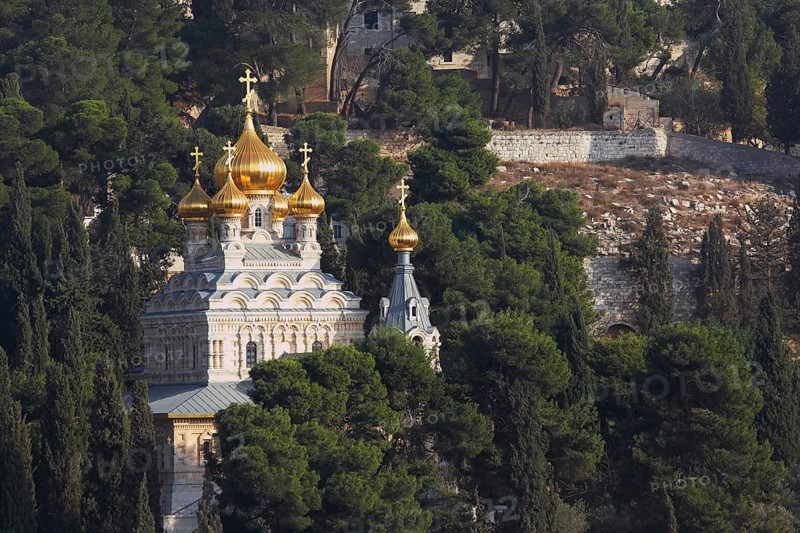 Golden domes of the Church of Mary Magdalene and cypresses. Mount of Olives, Jerusalem