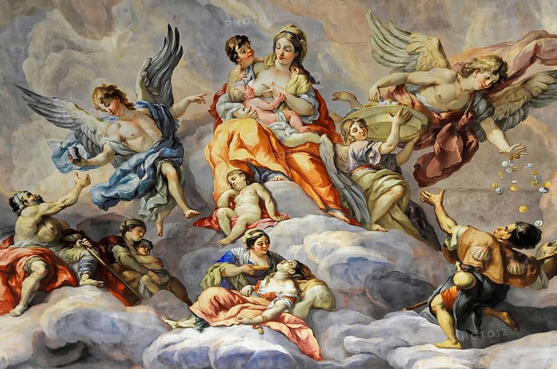 Detail of dome fresco by Johann Michael Rottmayr, Karlskirche, 1716-1736, Vienna, Austria, Europe, Lively depiction of Mary with angels and children on clouds