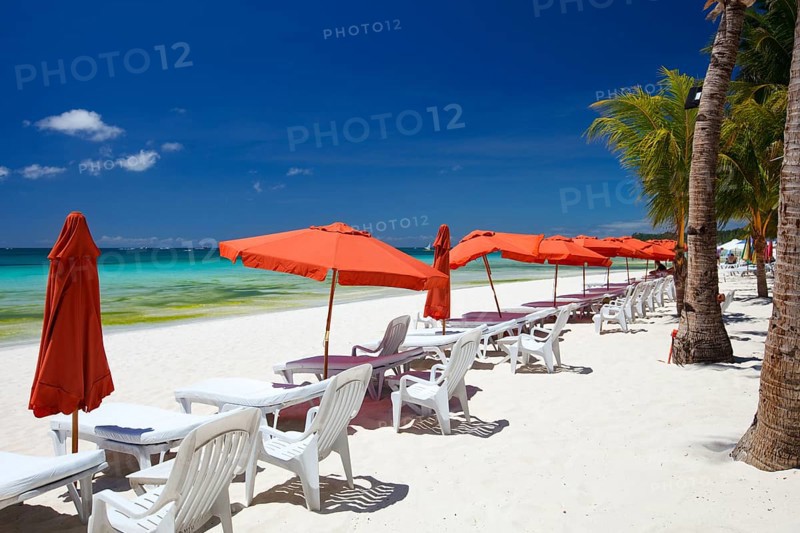 Beach with Palm trees and deckchair on Boracay, island, Philippines, parasols, Boracay, Philippines