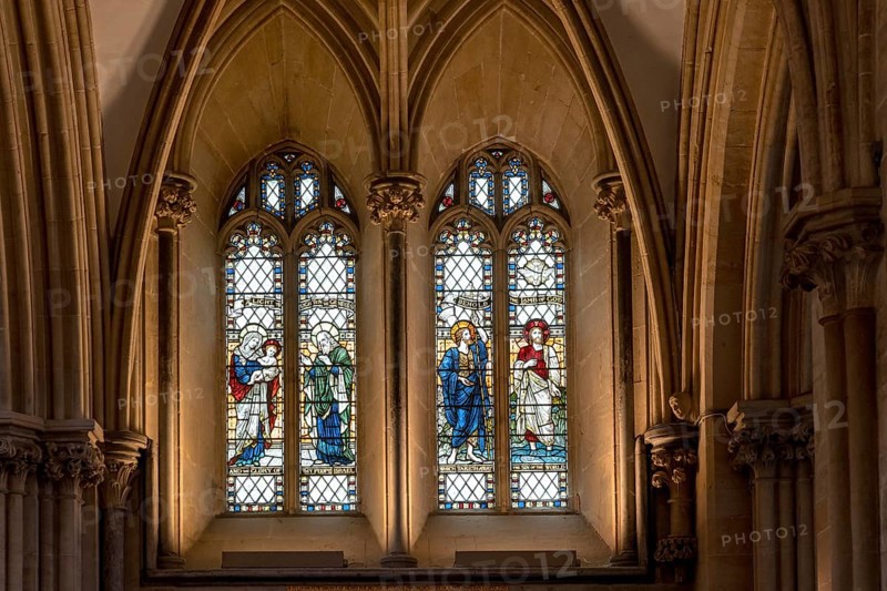 Wells, United Kingdom, 1 September, 2022: close-up view of a stained glass window inside the historic Wells Cathedral