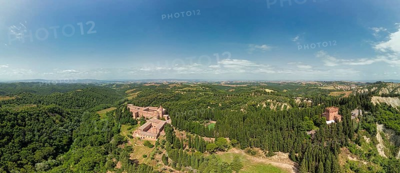Aerial view of the Abbey of Monte Oliveto Maggiore, a large Benedictine monastery in the Italian region of Tuscany