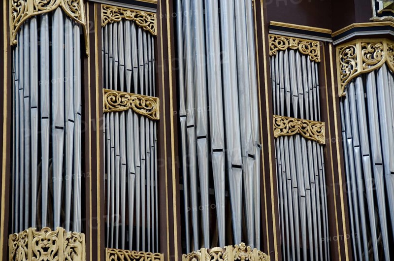 Detail of a church organ with pipe for choral music, Soroe, Denmark