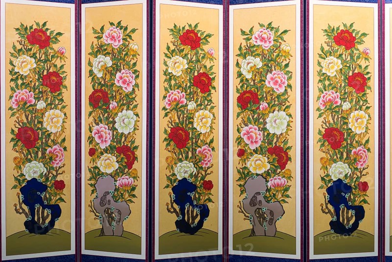 South korean room divider or screen with painted flowers, South Korea