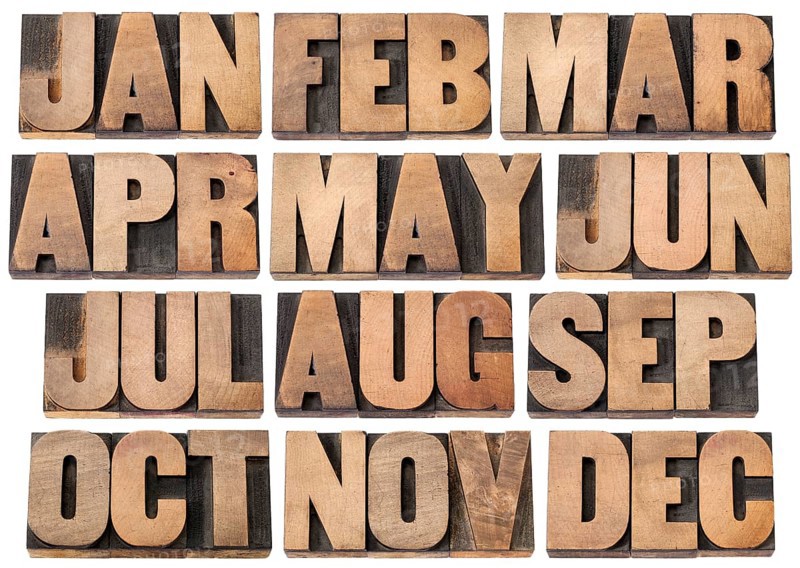 12 months from January to December - a collage of isolated 3 letter symbols in vintage letterpress wood type blocks