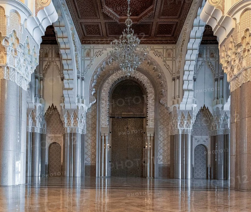 Casablanca, Morocco, 29 March, 2024: view of the west portal and central hall of the Hassan II Mosque in downtown Casablanca