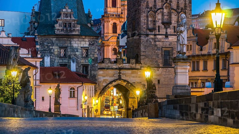 Architecture of Charles Bridge in Prague at early morning