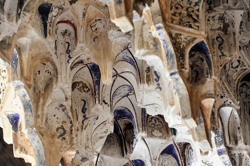Alhambra, Granada, Andalusia, Spain, Europe, Detailed view of a stalactite vault with decorative and colourful patterns in the Alhambra