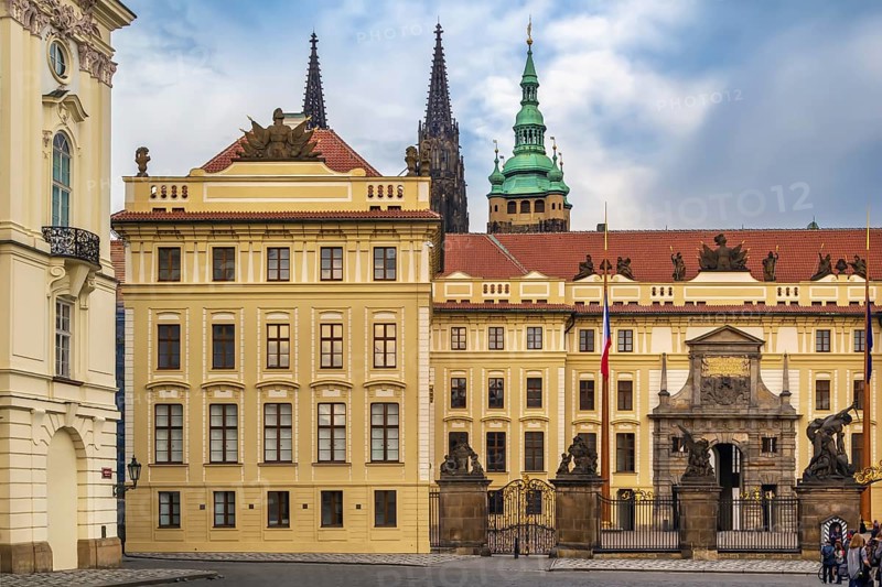 View of enter in Prague castle with St. Vitus Cathedral tower, Czech republic