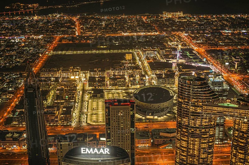 Dubai night view seen from the observation deck of Burj Khalifa. Shooting Location: Dubai