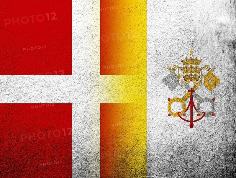 The Kingdom of Denmark National flag with National flag of Vatican City. Grunge Background