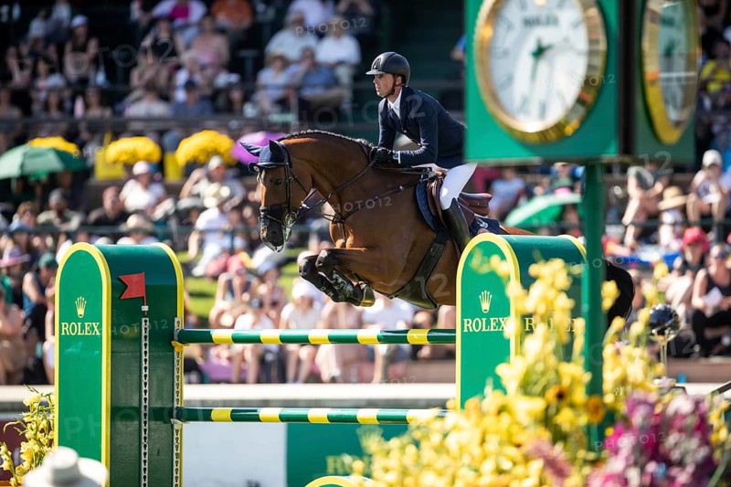 Ben Maher of Great Britain and riding Dallas Vegas Batilly compete in the first round of the 1.60m CPKC International during the Spruce Meadows Masters, presented by Rolex, in Calgary, Alberta, Canada, North America