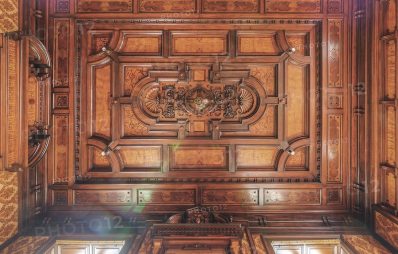 Artfully carved ceiling in the interior with elaborate wood panelling, Villa Woodstock, Lost Place, Brill, Wuppertal, North Rhine-Westphalia, Germany