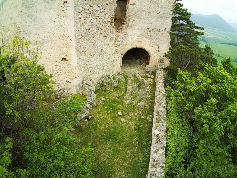 High angle view to a castle ruin in the wood