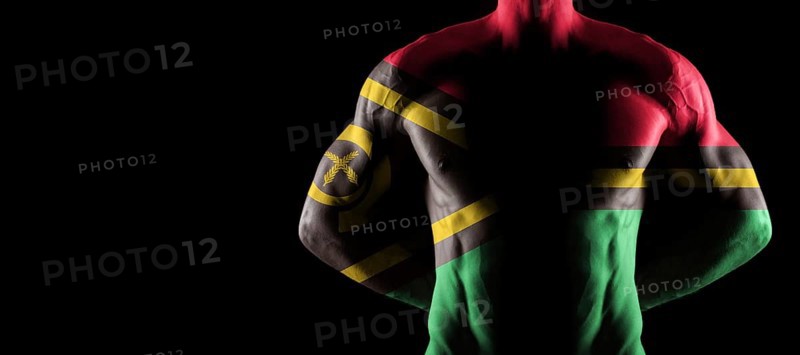 Vanuatu flag on muscled male torso with abs, black background