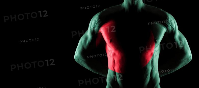 Bangladesh flag on muscled male torso with abs, black background