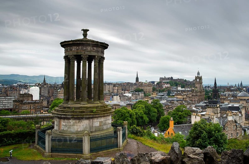 Edinburgh, Scotland, July 9 2019: The skyline of the city of Edinburg the capital of Scotland from the Calton Hill with the Nelson Monument