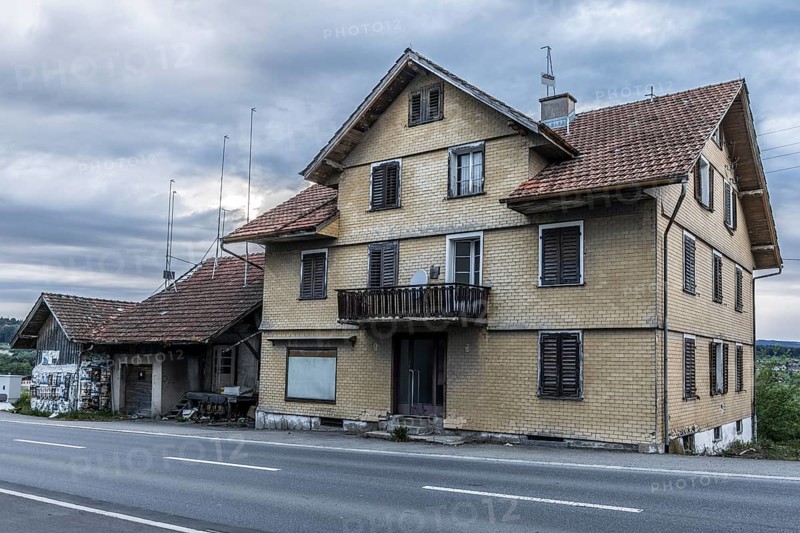 Exterior view with outbuildings of the former Brunner staff house which has since been demolished, Honau, Lucerne, Switzerland