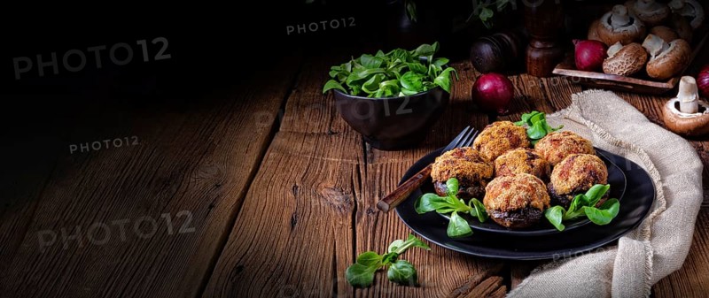 Filled with minced meat and baked mushrooms