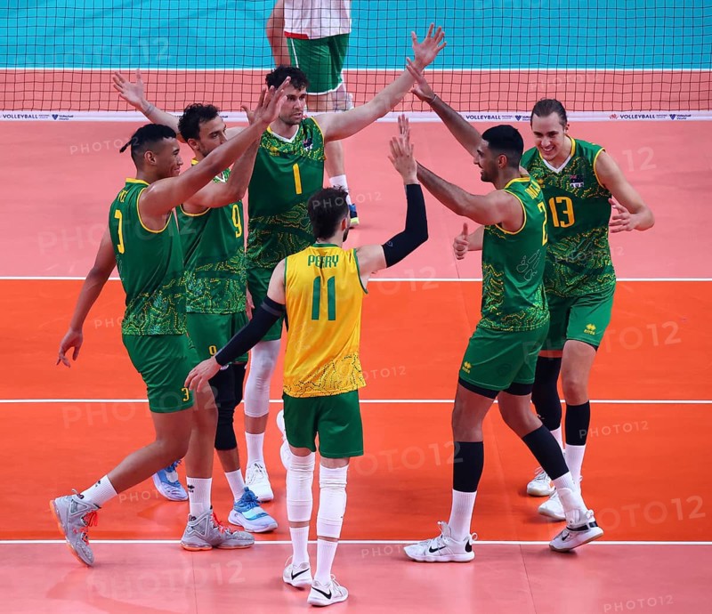 Sofia, Bulgaria - 24 June, 2022: Team of Australia is seen celebrating during a Volleyball World Championship group stage match between Bulgaria and Australia