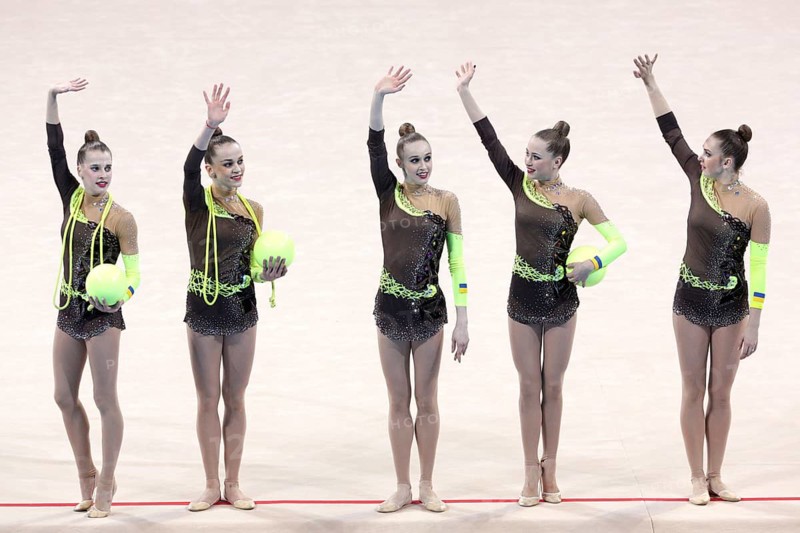 Sofia, Bulgaria - 7 May, 2017: Team Ukraine performs during Rhythmic Gymnastics World Cup Sofia 2017. Group tournament