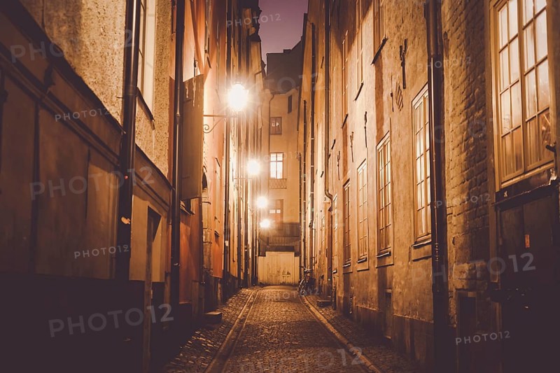 Night view of Gumla Tan Old Town. Shooting Location: Sweden, Stockholm