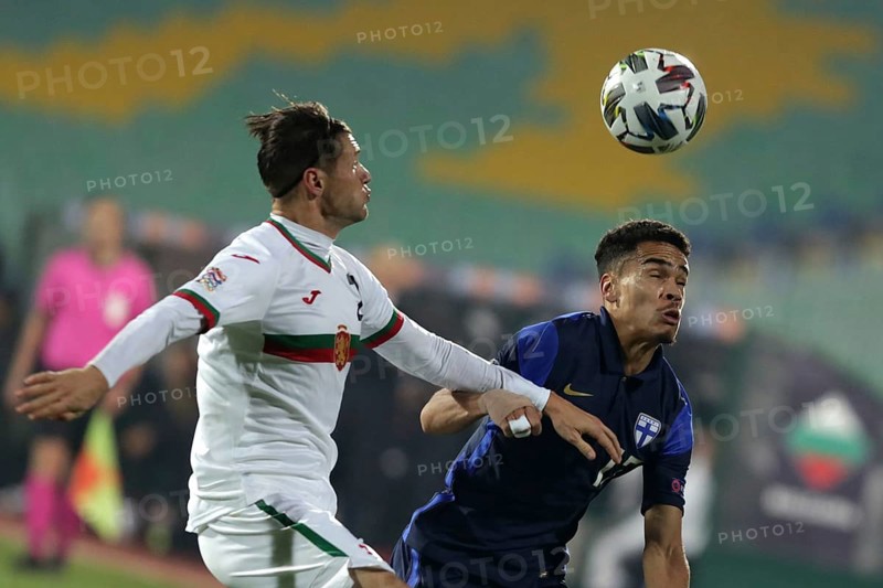 Sofia, Bulgaria - 15 November, 2020: Bulgaria's Strahil Popov (L) in action with Finland's Pyry Soiri (R) during the UEFA Nations League group stage, League B, Group 4 match between Bulgaria and Finland, Sofia, Bulgaria