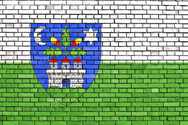 Flag of Veszprem County painted on brick wall