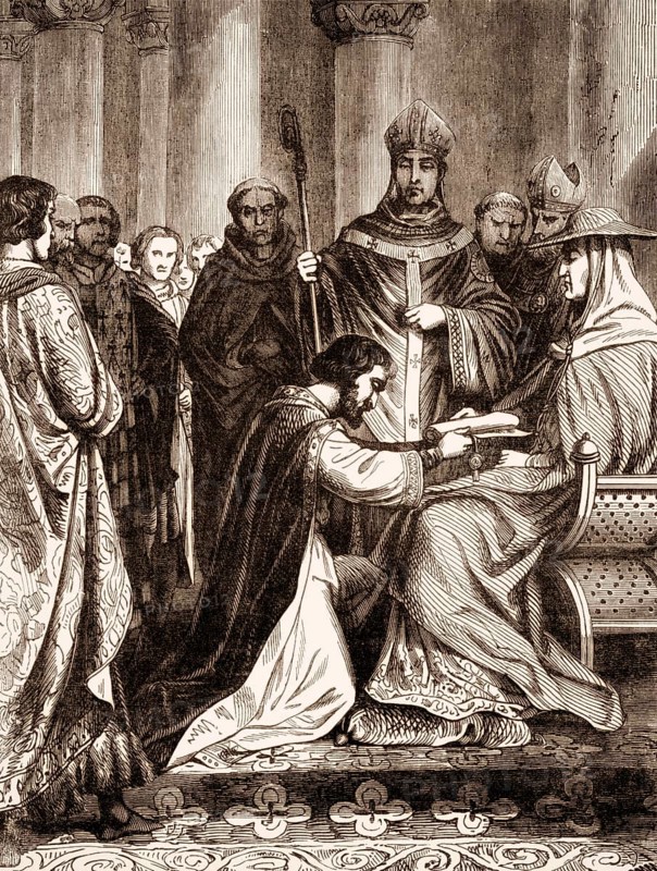 Lothair II, 835, 869, king of Lotharingia, kneeling down before Pope Adrian II