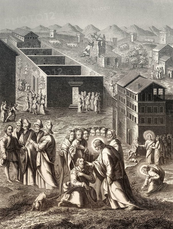 Healing the man blind from birth, New Testament, steel engraving 1853, digitally restored