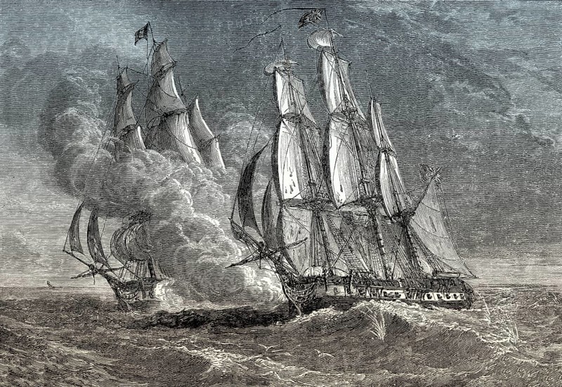 The fight between HMS Phoenix and French Ship Didon, 10 August 1805, Napoleonic wars, From British Battles on Land and Sea by James Grant