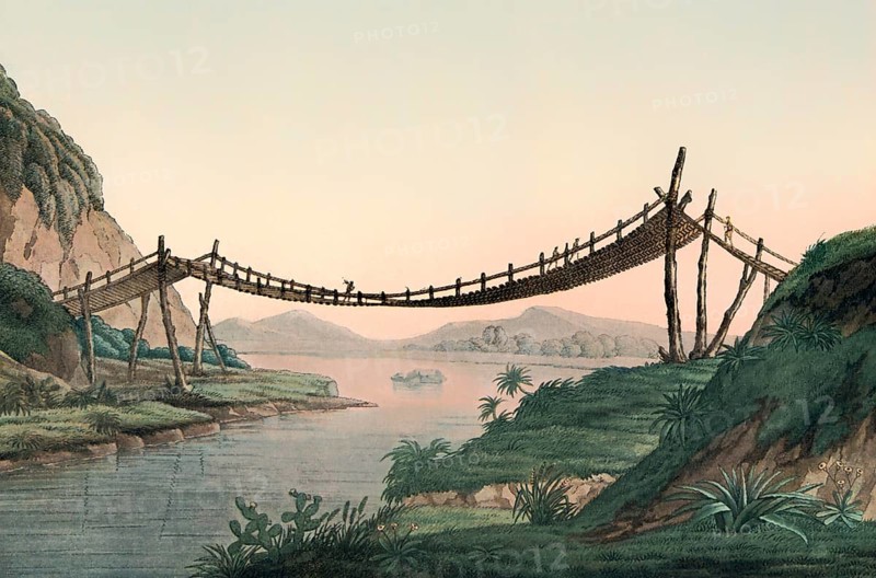 Rope bridge near Penipe, after a sketch by Humboldt from his travel writing “Vue des cordillieres“