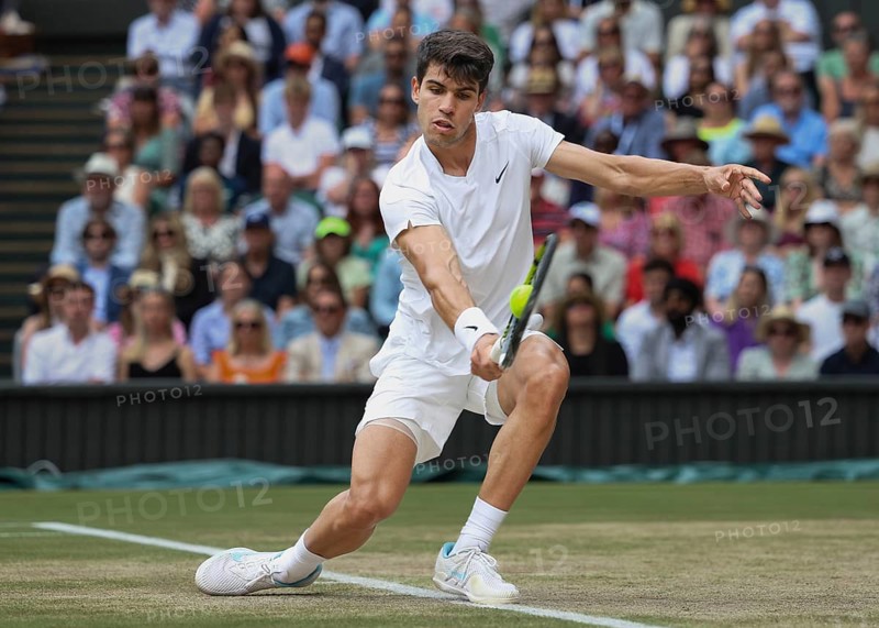 Spanish tennis player Carlos Alcaraz in action at the 2024 Wimbledon Championships, London, England, United Kingdom
