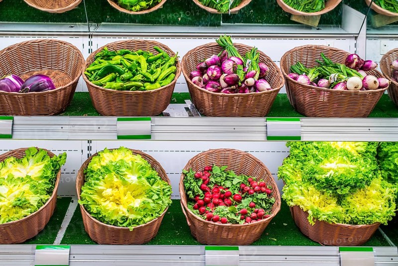 Fruits and vegetables on a supermarket shelf