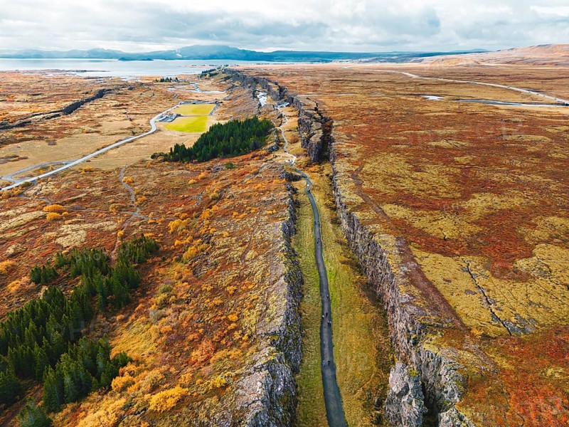 Aerial view of Thingvellir National Park, famous area in Iceland right on the spot where the Atlantic tectonic plates meets. UNESCO World Heritage Site, western Iceland, and site of the Althing.